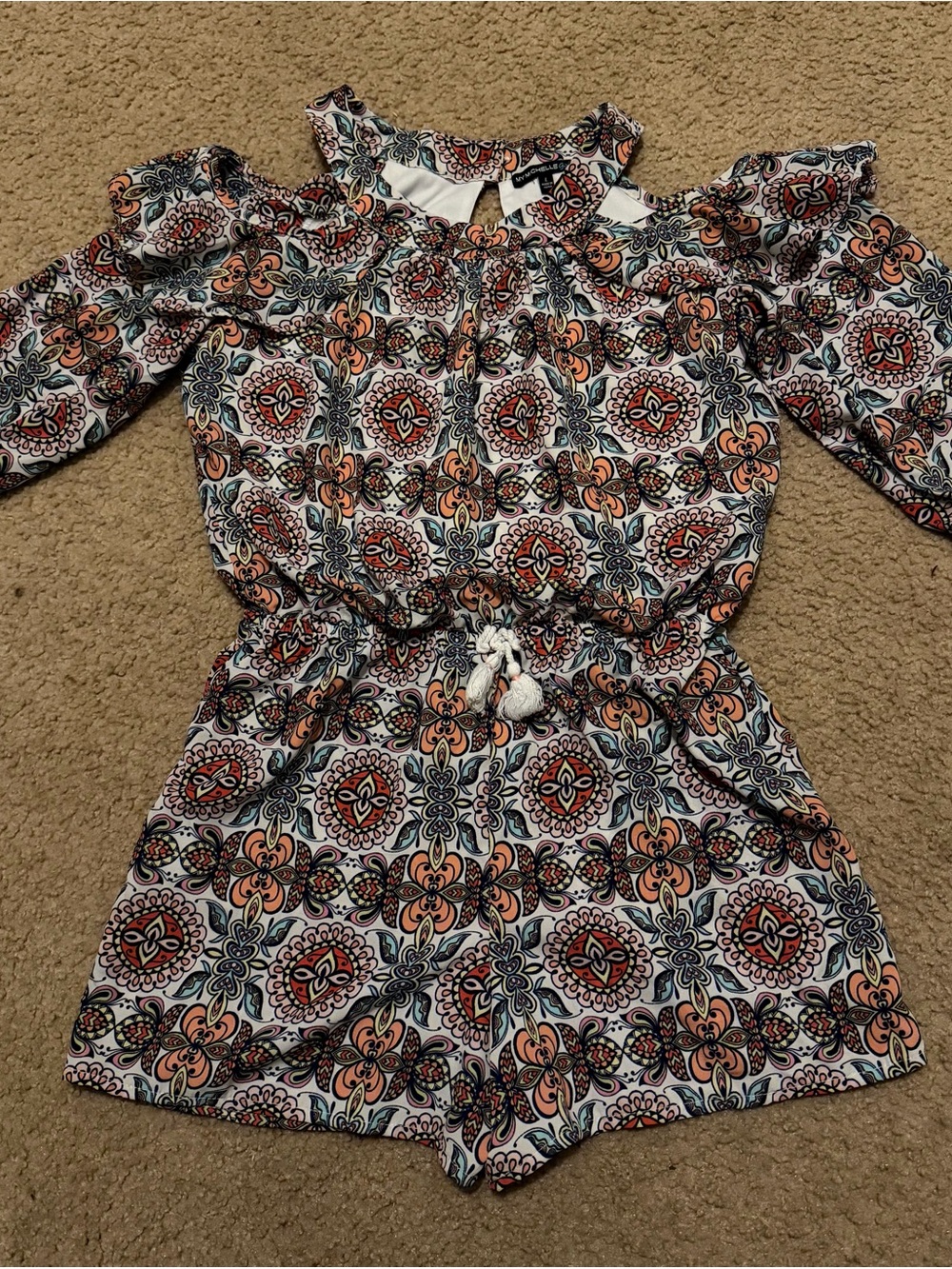 My Michelle White Romper with Coral and Navy Medallion Print